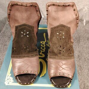 Sbicca Western Peep Toe Heels Size 6 Brown Suede Leather Studded Boho Sandal Nib